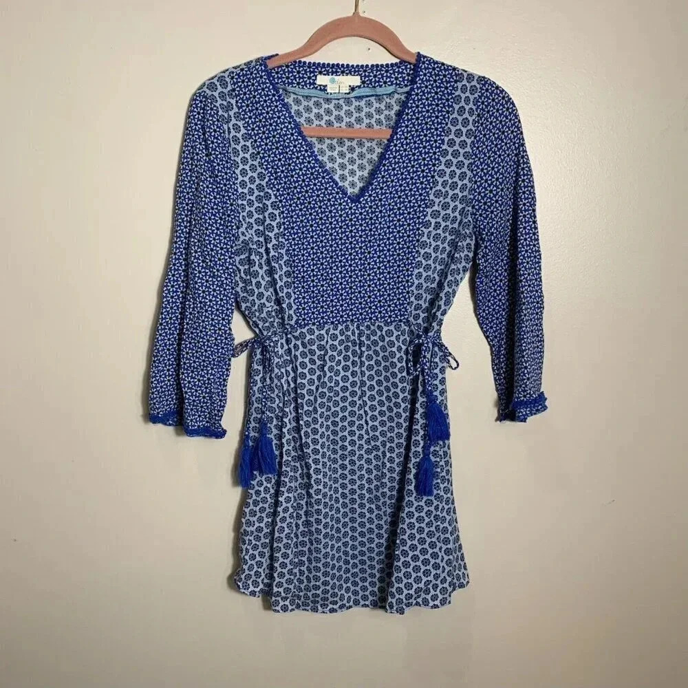 Boden Cotton Pom Pom Dress Size 6 Geometric Navy White Coverup colorblock